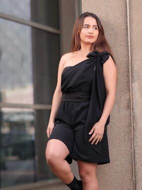 One-Shoulder Black Bow Romper